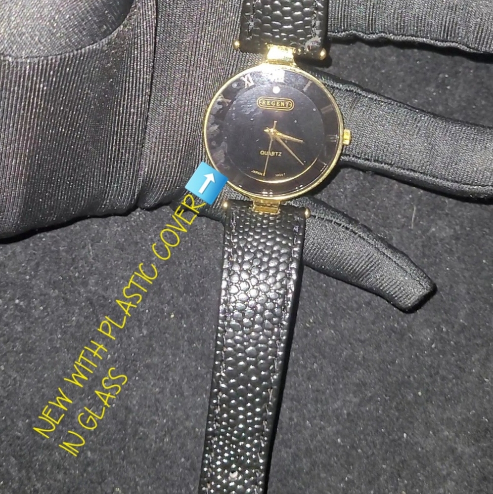 Regent Quartz Women's Watch Black LIZARD LEATHER Band Roman NumeralsNEW BATTERY